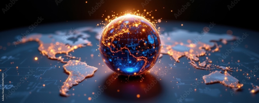 Aufkleber create a captivating image featuring a glowing sphere suspended in mid air above a world map made fr