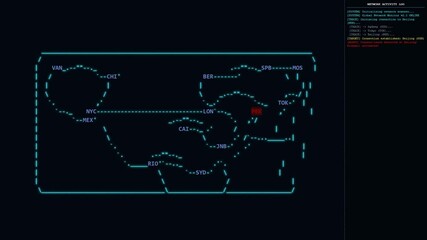 Neon ASCII world map interface simulating global network access. Nodes light up showing connections, traces, and alerts. Includes activity log panel. Cybersecurity or hacking visual.