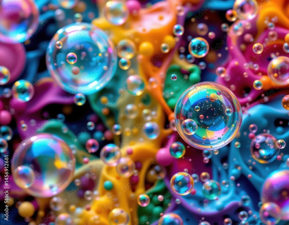 Poster create a colorful and abstract artwork featuring soap bubbles in a macro structure background, with 