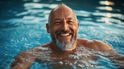 An elderly man with a warm smile enjoys a refreshing swim in a clear blue pool, radiating happiness and vitality in a moment of carefree joy.