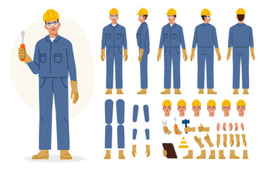 Technician worker wearing helmet, overall uniform, protective goggles. Character constructor for animation. Front, side and back view set. Body parts, postures, poses collection. Vector illustration.
