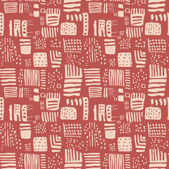 Abstract funky seamless pattern. Vector texture with chaotic shapes, dots, stripes, lines, brush strokes. Trendy red and beige background with organic shapes. Repeating design for decor, print, cover