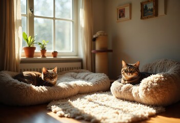 Two Cozy Cats Resting on a Fluffy White Bed at Home