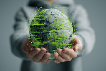 Person holding globe with green digital interface overlay