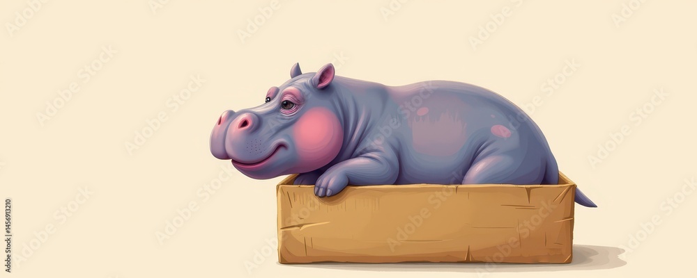 Poster create an illustration of a hippopotamus inside a box, place the subject on the left side of the ima
