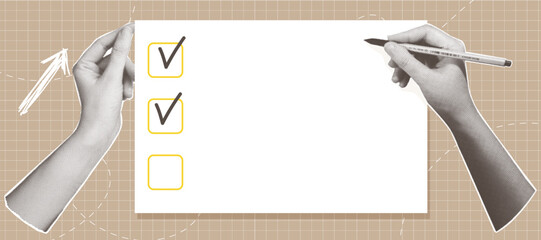 Trendy halftone collage featuring a checklist concept. A human hand marking checkboxes correctly. Vector EPS10