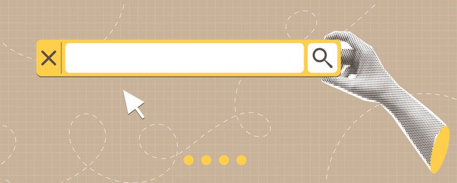 Search bar template for website. Contemporary art collage. Infographics design. Navigation search for web browser. Concept of education, creativity, study, homework, e-learning. Retro style. Poster an
