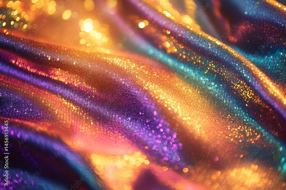 Poster abstract colorful background with shiny glittering iridescent fabric flowing in waves