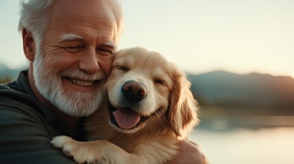 An affectionate elderly man joyfully embraces his golden retriever, surrounded by nature, capturing the pure love and happiness that exists between them.