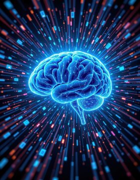glowing blue puter brain in a burst of digital information, a clear and prominent visual of a glowing blue puter brain with an explosion of digital information surrounding it