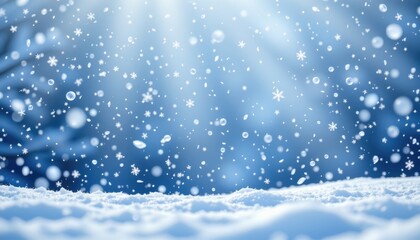 Naklejka premium subject: snowflakes gently falling through a tranquil blue winter wonderland landscape, copy space: this image should capture the serene beauty of a snowy winter landscape