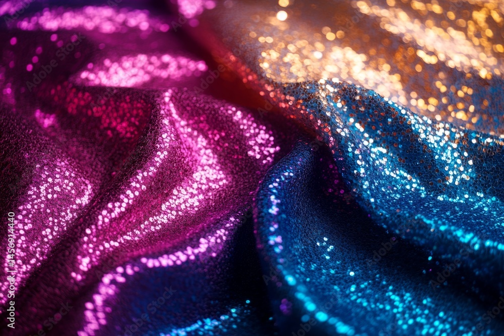 Poster close-up of iridescent sequined textile creating colorful festive background