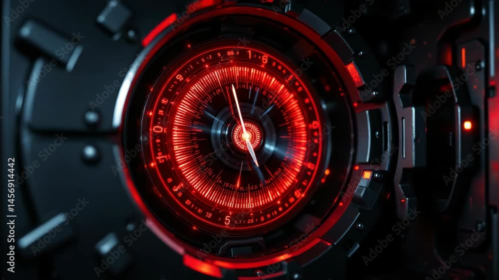 Poster a futuristic, glowing red digital interface or clock set within a high-tech circular mechanism.