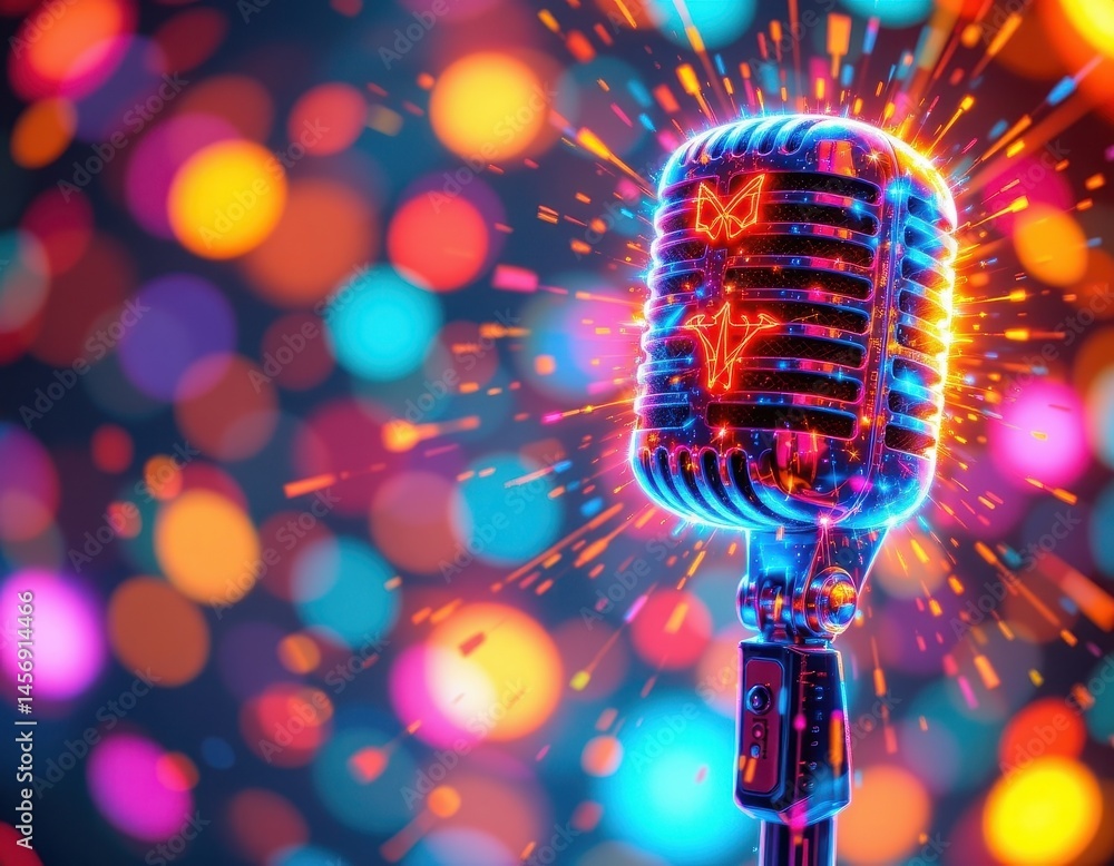 Poster create an image featuring a holographic microphone made of many particles that captures light and em