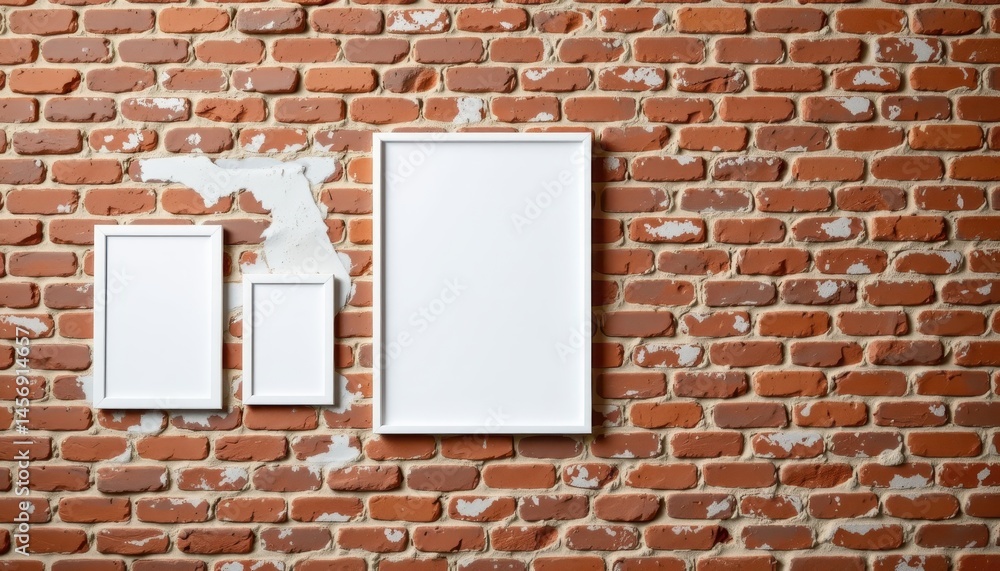 Poster create a mock up image of a brick wall with three empty white picture frames on the left side, featu