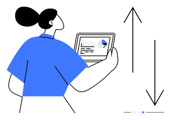 Professional reviewing tablet displaying chart and pie graph, growth and trend lines nearby. Ideal for analytics, finance, strategy, business growth, market insights, progress tracking, simple