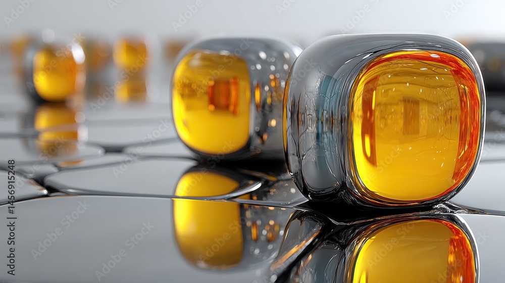 Poster set of abstract shapes with chrome texture and colorful reflections isolated on white 3d rendering i