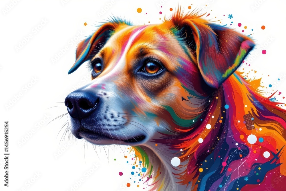 Poster create a colorful, abstract portrait of a dog isolated on a white background, the dog should be posi
