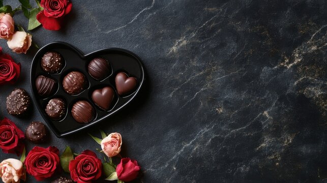 A heart-shaped box of assorted chocolates next to a bouquet of roses on a marble surface.