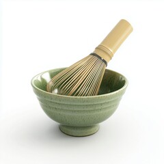 Matcha Tea Ceremony Set &ndash; Bamboo Whisk & Green Ceramic Bowl, Traditional Bamboo Matcha Whisk Resting on Green Ceramic Bowl

