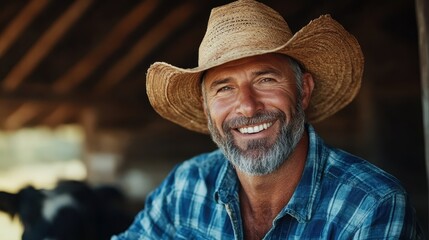 Fototapeta premium This portrait captures a cheerful farmer in a rustic barn, emanating feelings of warmth and hard work while celebrating a connection to the farm and rustic living.