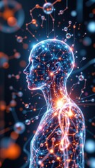 create an image depicting science and technology with human and floating molecule structure, the focus should be on a clear human figure illuminated under a radiant glow