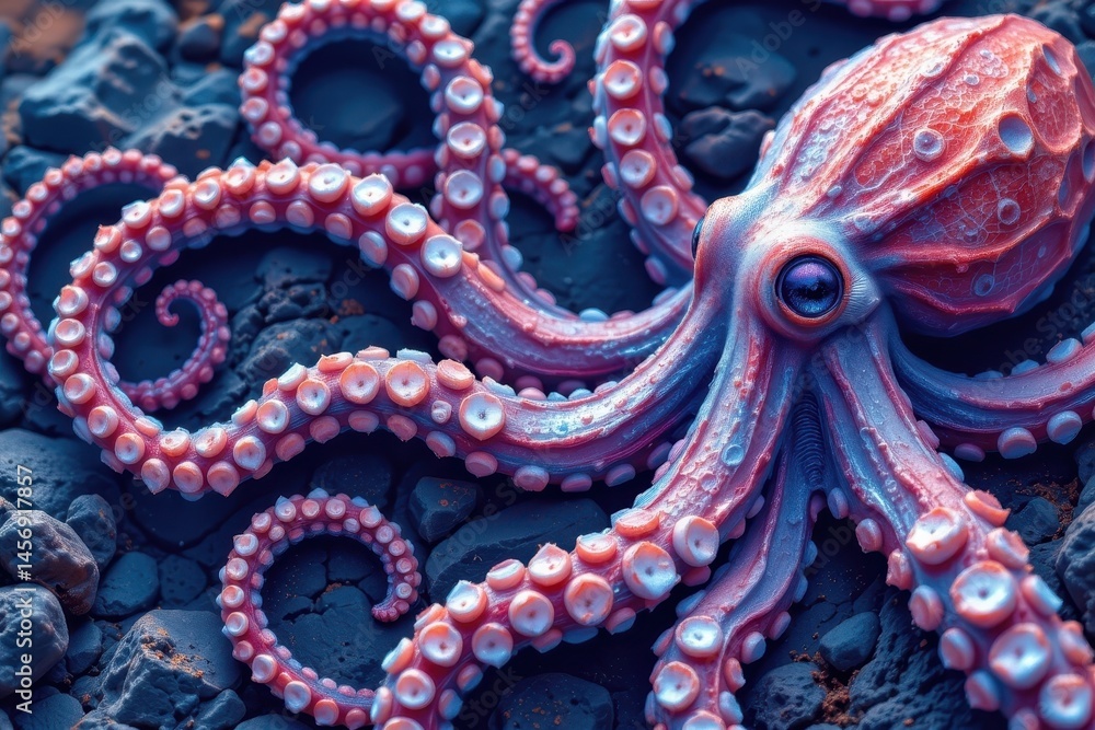 Poster create an abstract and intricate pattern illustration of a macro shot of octopus tentacles, focusing