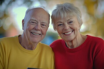 Obraz premium A happy elderly couple smiles warmly at the camera, showcasing a life well-lived and full of joy.
