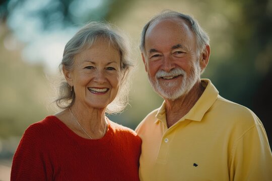 Portrait of a happy, senior couple with beaming smiles posing outdoors with soft, natural lighting, captured in a close-up shot.