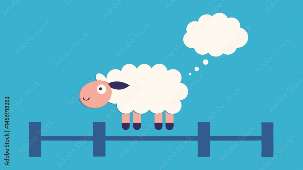 Poster counting sheep a e sheep jumping over a fence with a thought bubble showing a calm brain illustratin