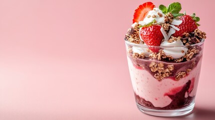 This colorful yogurt parfait features layers of creamy strawberry yogurt, topped with granola, fresh strawberries, and whipped cream, perfect for any sweet occasion.