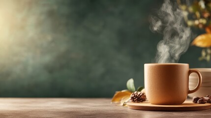 A cozy coffee cup with steam rising, set on a wooden surface, conveying warmth and comfort, ideal for morning routines or cozy moments at home reflecting relaxation.