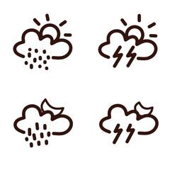 Mixed Weather Icons Collection – Rain, Thunderstorm, and Sun Line Art