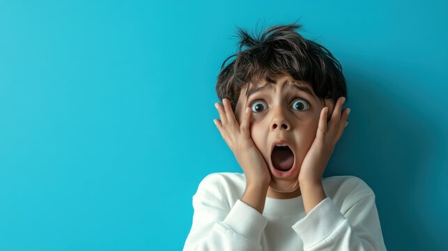 A young boy displays a facial expression of shock and fear, holding his face in disbelief against a bright blue background, representing childhood emotions and surprise.