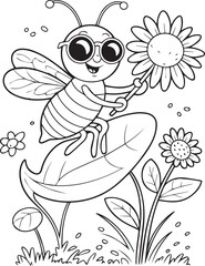 Beautiful cartoon bee wearing sunglass with flower coloring page for kids, black line art vector illustration for design elements