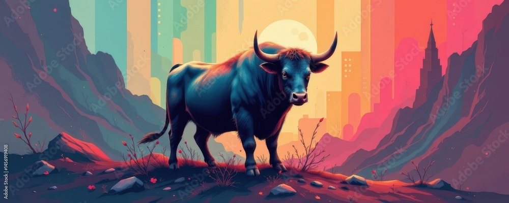Poster create a unique and artistic illustration featuring a bull as the main subject, this image should ha
