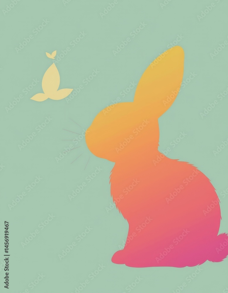 Poster create a simple silhouette of a bunny using pastel colors, position the rabbit on the right side of 