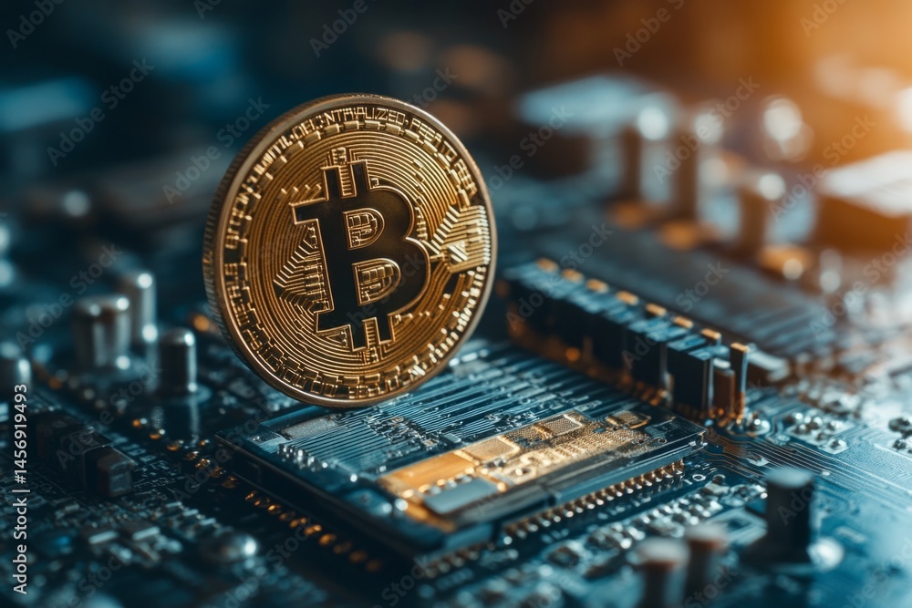Poster golden bitcoin is levitating over a computer motherboard, symbolizing cryptocurrency mining and the 