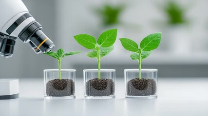Close-up View of Green Plants in Glass Containers with Microscope Showing Advanced Scientific Nature Research Concept