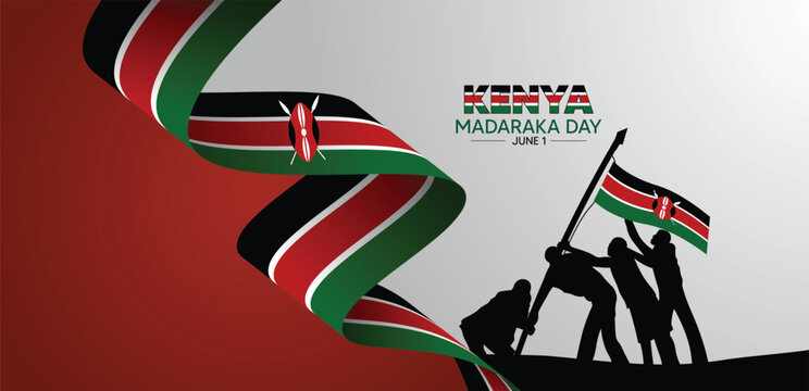 Kenya madaraka day 1 June flag ribbon with people holding country flag vector poster