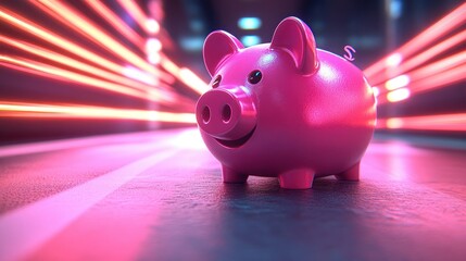 Pink piggy bank in a neon tunnel