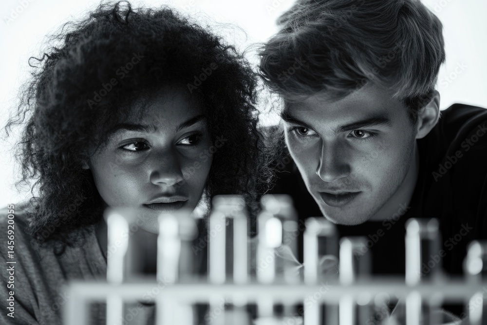 Aufkleber two young researchers intensely observe test tubes during a scientific experiment in a lab setting.