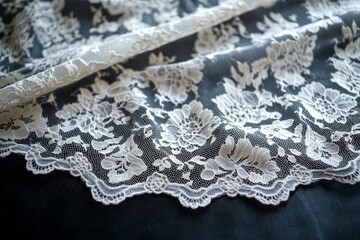 Obraz premium Elegant white lace fabric with a delicate floral pattern draped over a dark background, creating a luxurious and sophisticated texture