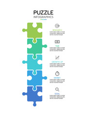 Puzzle infographic template showcasing five vertically stacked puzzle pieces in a gradient from light green to dark blue. Each piece is connected to a text box with a corresponding color and label.