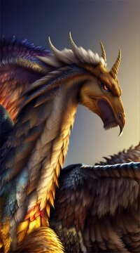 Epic Fantasy Griffin with Glowing Feathers &ndash; Majestic Mythical Beast in Sunset Light