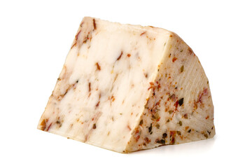 Cheese with herbs and spices, isolated on white background