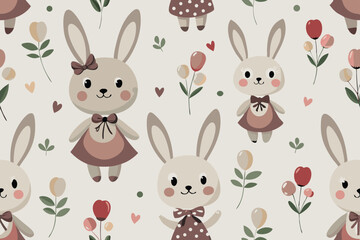 Seamless Pattern Cute Bunny Rabbits with Flowers and Hearts
