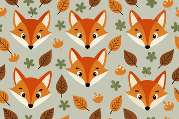Adorable Fox Faces Autumn Leaves Seamless Pattern Design