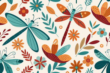 Seamless Pattern with Dragonflies and Autumnal Flowers