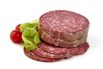 Italian Salami sausage slices, isolated on white background. High resolution image.